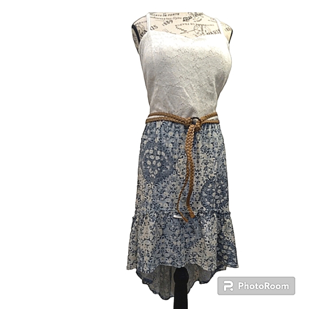 Women’s Boho Sleeveless Lace Top Floral Handkerchief Hem Midi Dress Belt XXXL